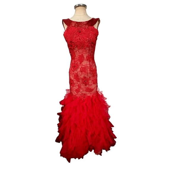 Jovani Beaded Floral Lace Ruffle Sleeveless Open Back Evening Formal Gown Red - Picture 1 of 9